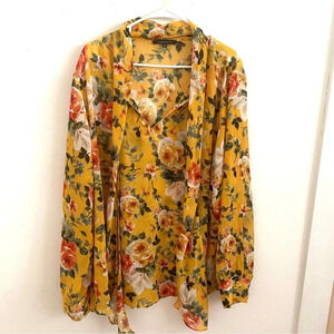 Ellen Weaver Blouse 3X Yellow Pink Long Sleeve Chiffon Flowy Boho Romantic